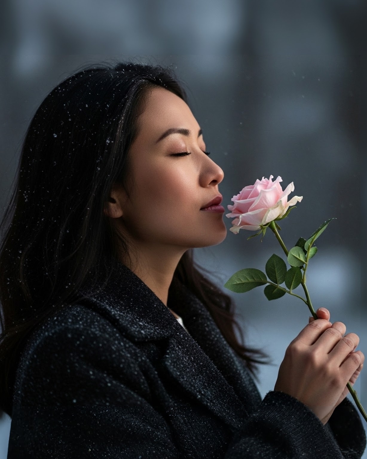 image femme rose neige