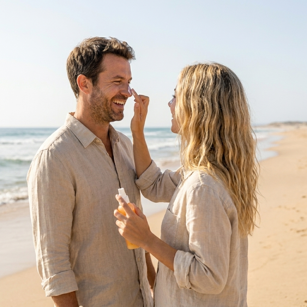 couple cr&egrave;me solaire plage