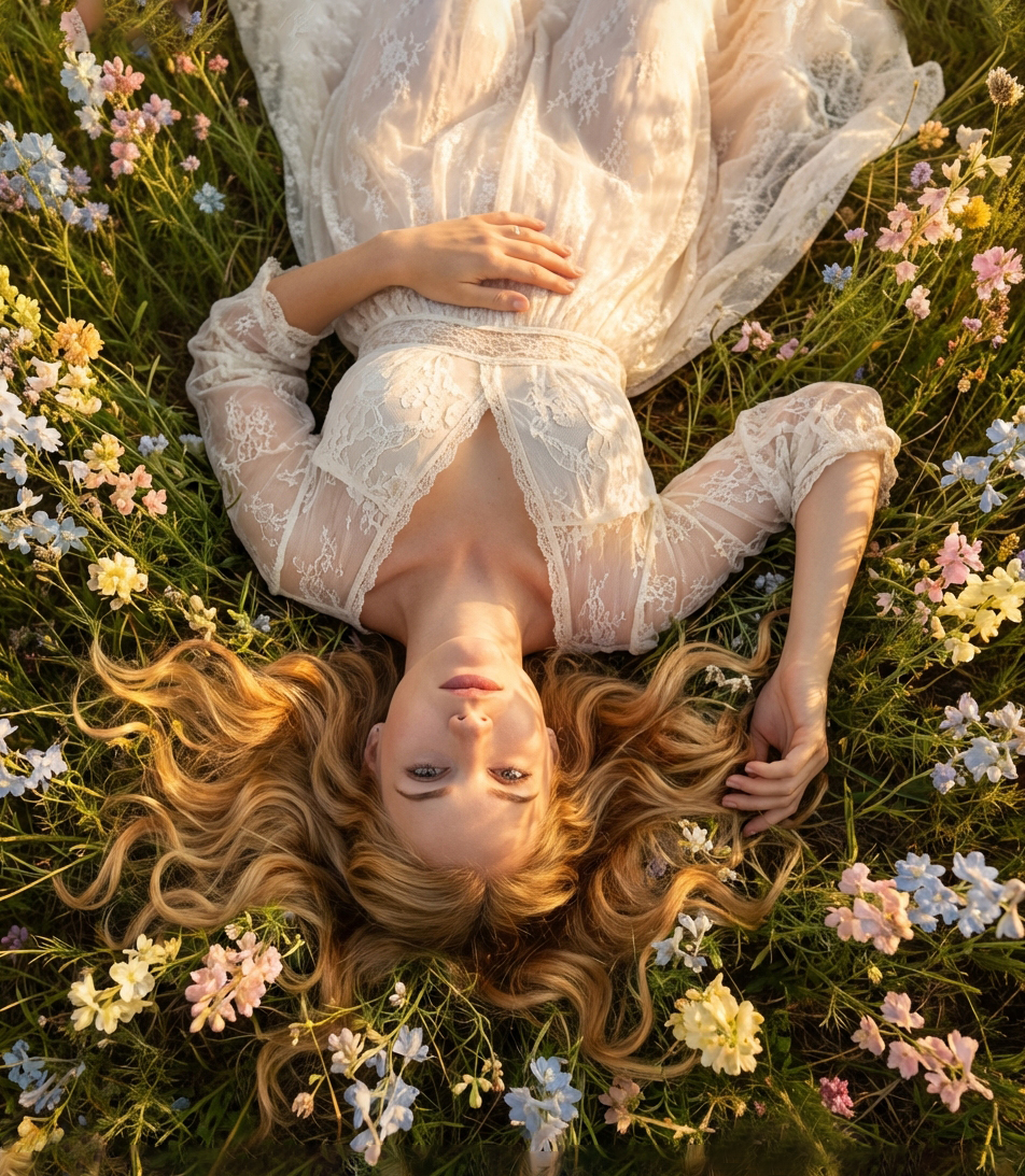 femme allongée herbe fleurie
