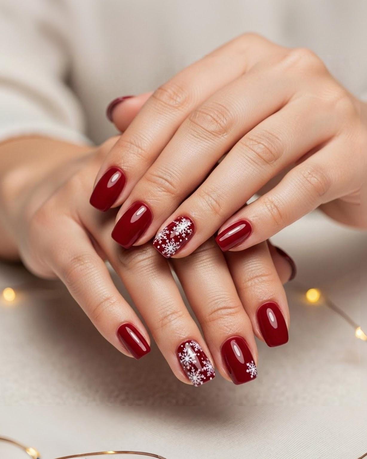 manucure Noël rouge et flocons de neige