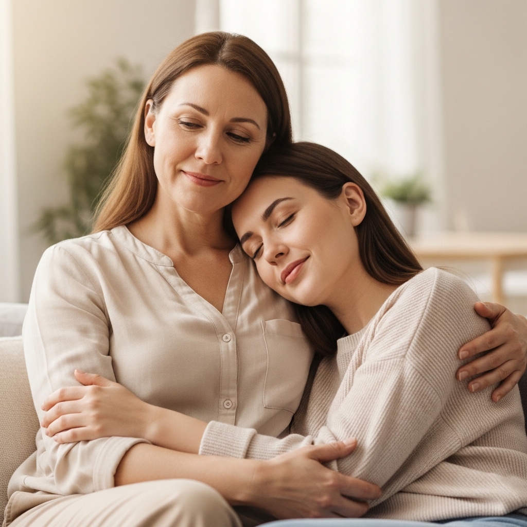 un fils et sa mère qui s'enlacent