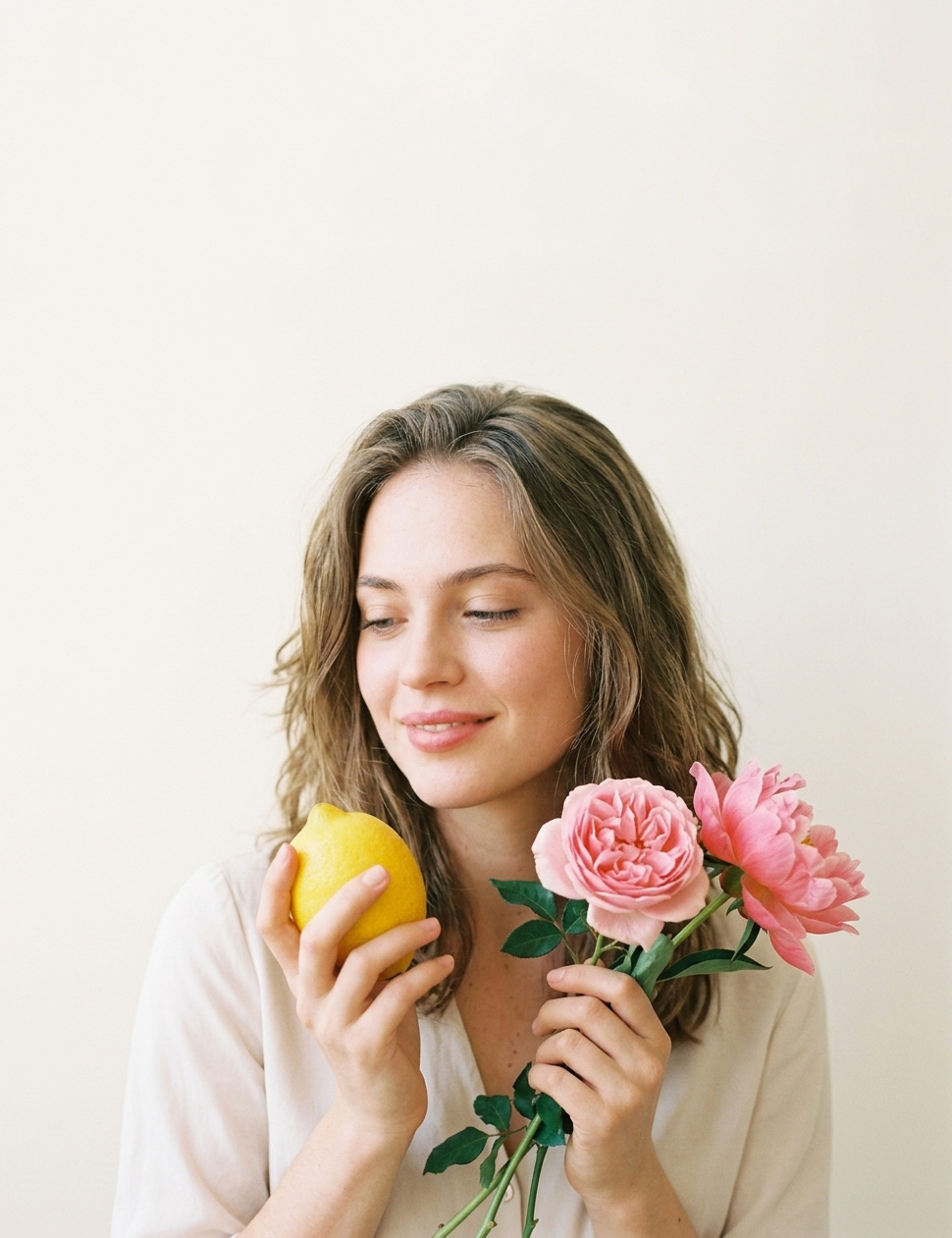 femme citron et fleurs