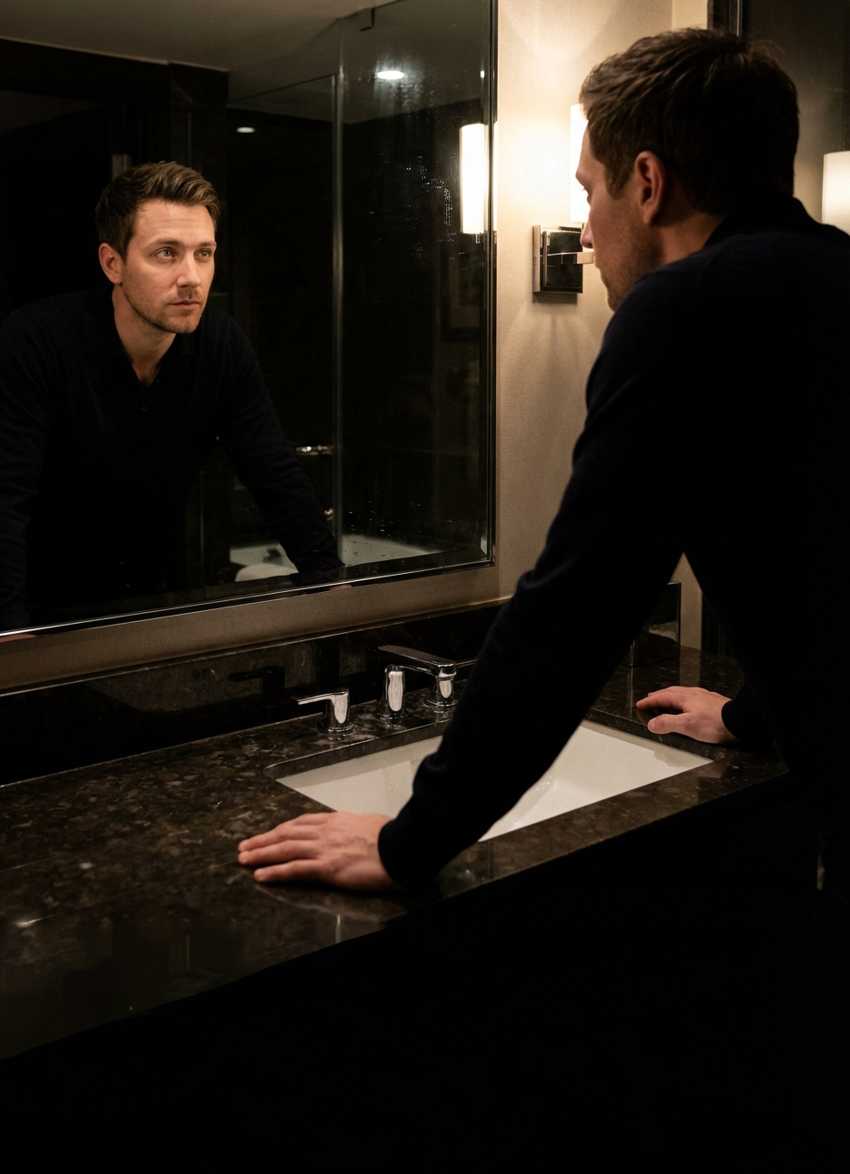 homme regard miroir salle de bain 
