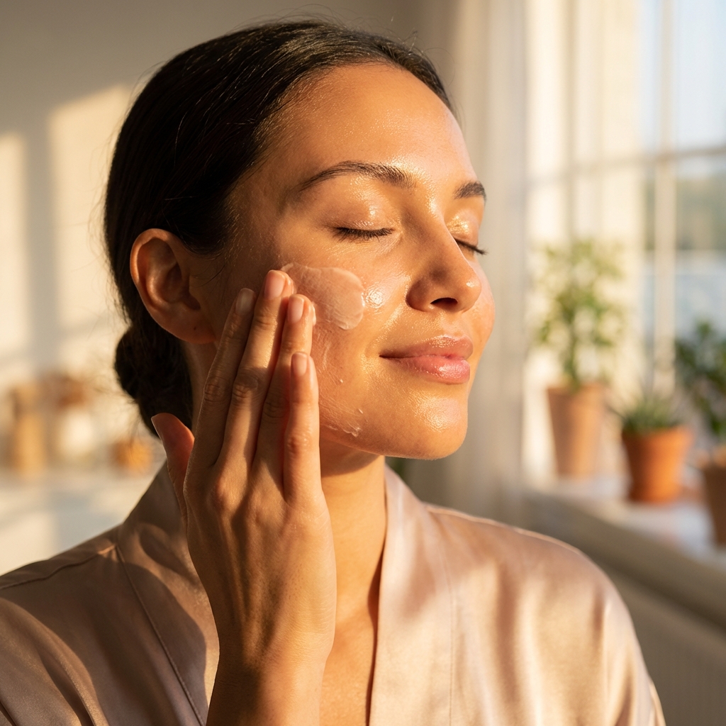 femme qui s'applique de la cr&egrave;me