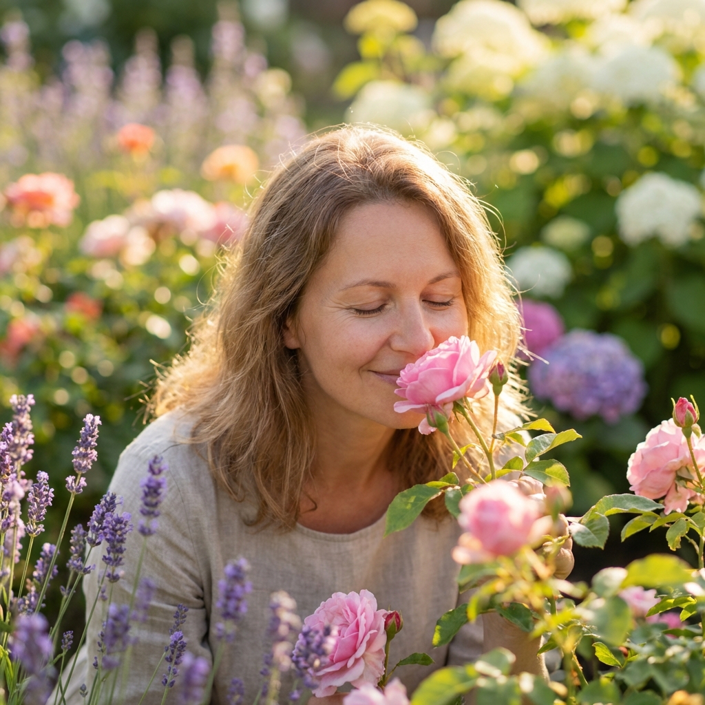 mère qui sent une fleur jardin